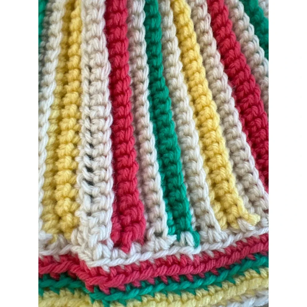 Handmade Crochet Striped Beanie‎ Cream Red Yellow Green Ribbed Knit Winter Hat